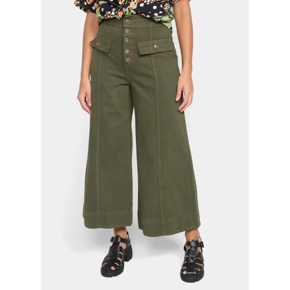 Farm Rio Wide Leg Pockets Twill Trousers Women's Size 38 Green Small